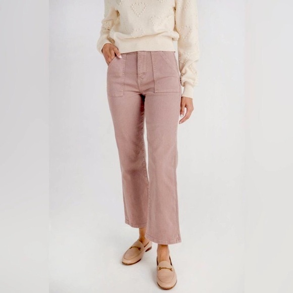 Risen High Rise Wide Leg Jeans Cropped Ankle Square Pockets Stretch Mauve Pink - Picture 6 of 9